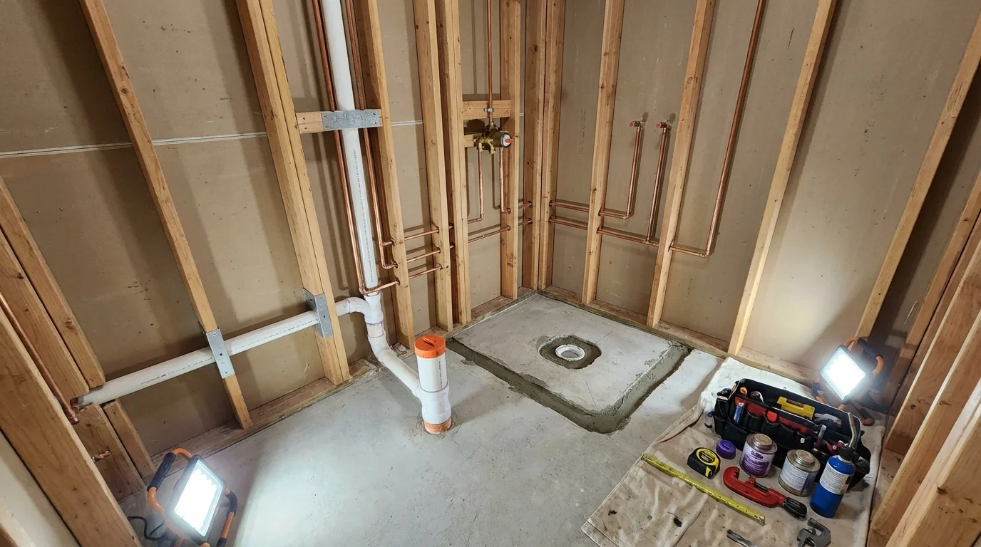 Bathroom rough-in plumbing during remodel by Johns Plumbing LLC in Houghton Lake