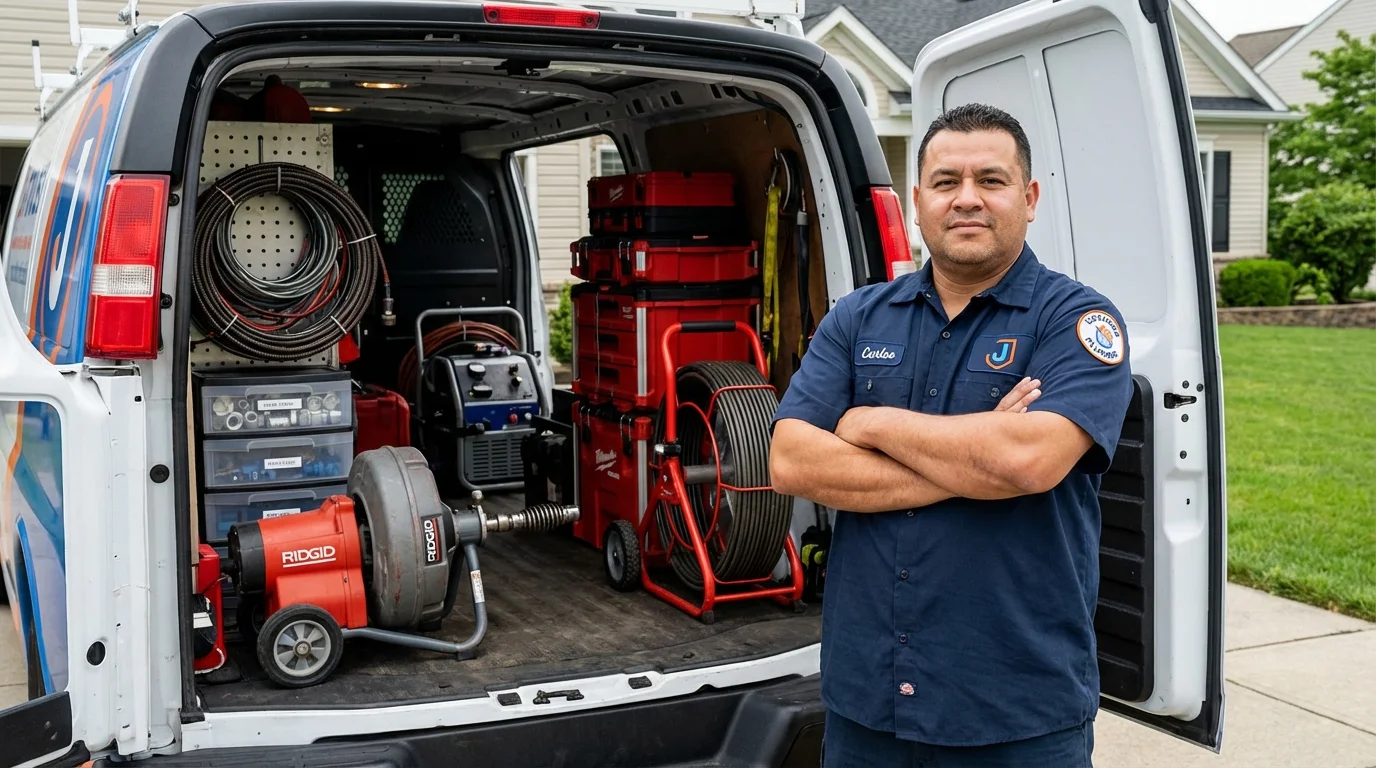 Professional drain cleaning equipment and Johns Plumbing LLC plumber in Houghton Lake