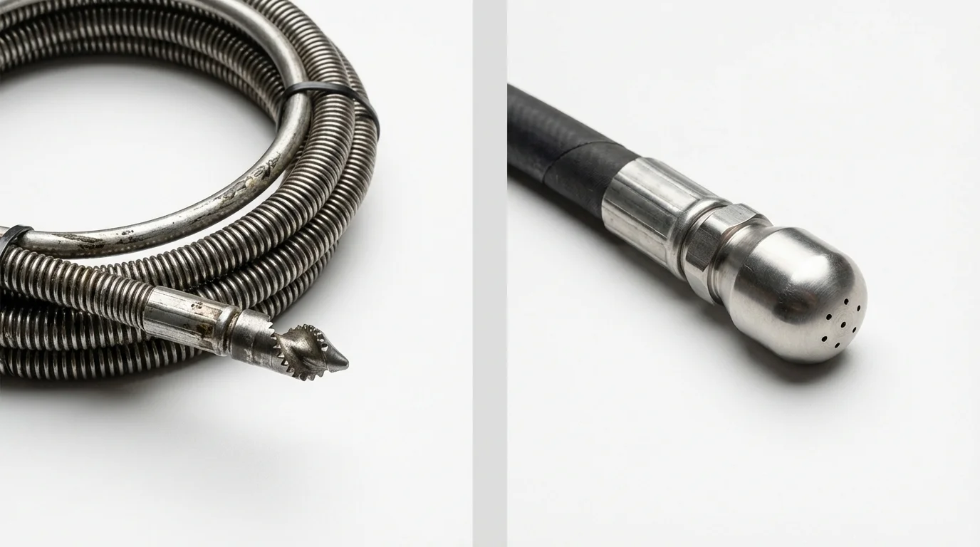 Drain snake cable and hydro jetting nozzle used for drain cleaning in Houghton Lake, MI