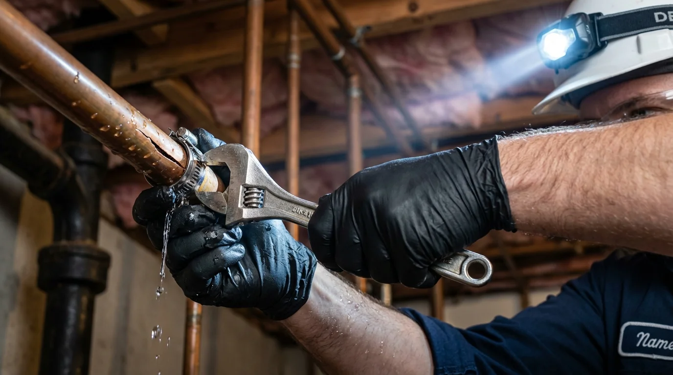 Emergency pipe clamp repair being performed by a Johns Plumbing LLC plumber in Houghton Lake