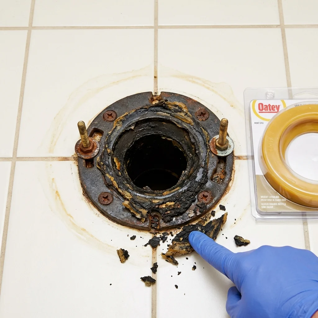 Failed wax ring showing water seepage at the base of a toilet in a Houghton Lake, MI home