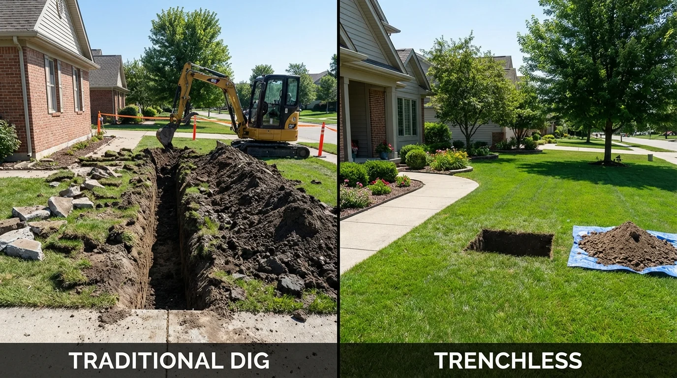 Trenchless sewer repair with minimal yard damage versus traditional excavation in Houghton Lake, MI