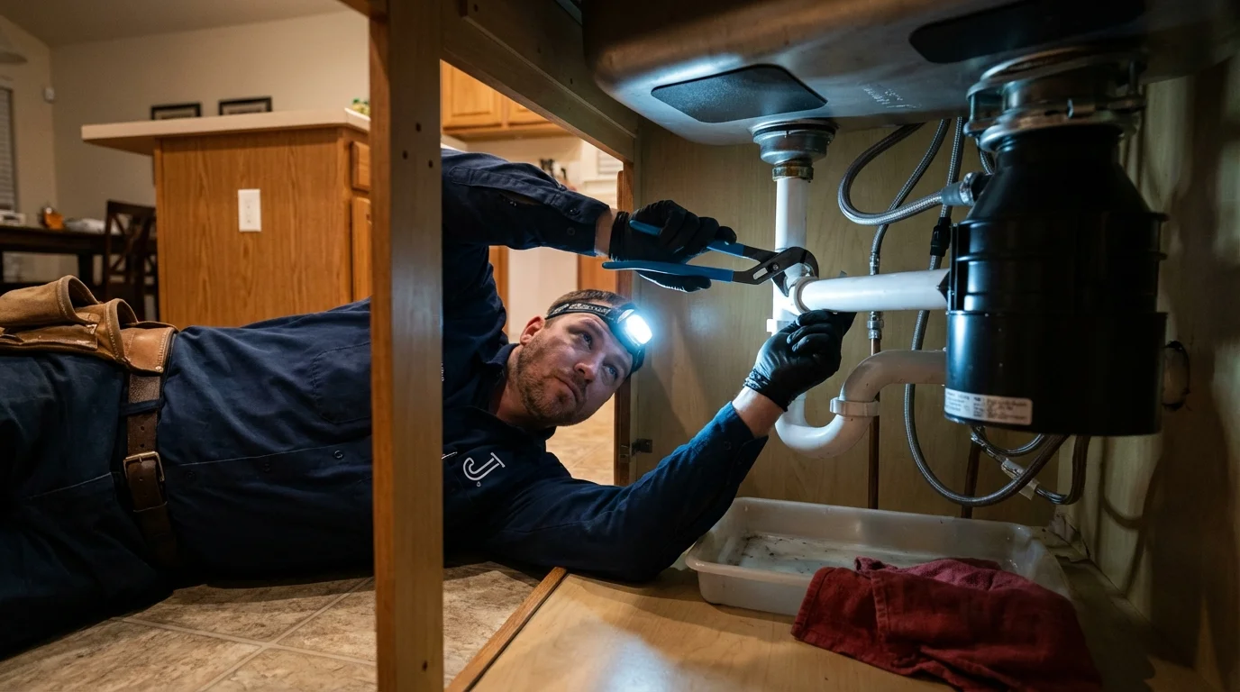 P-trap and supply line connections under a kitchen sink showing a common leak point in Houghton Lake, MI